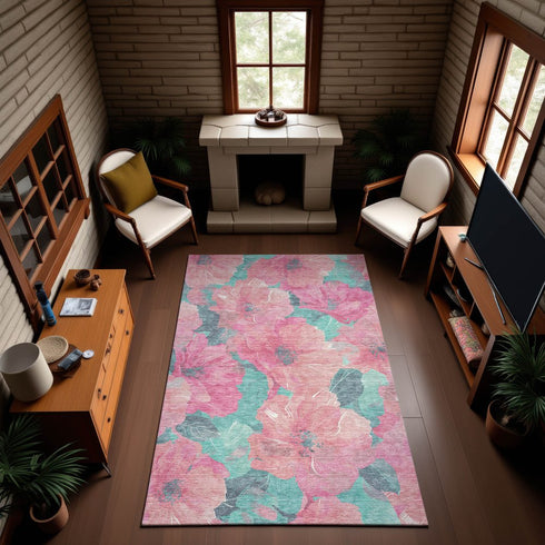 8' Pink And Teal Floral Washable Area Rug With UV Protection