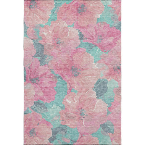 8' Pink And Teal Floral Washable Area Rug With UV Protection