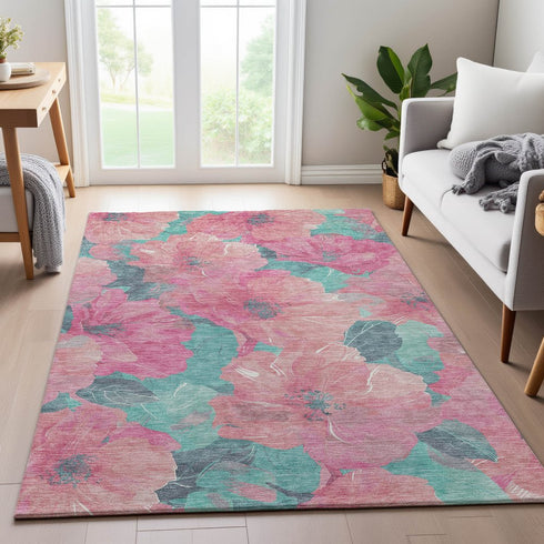 8' Pink And Teal Floral Washable Area Rug With UV Protection