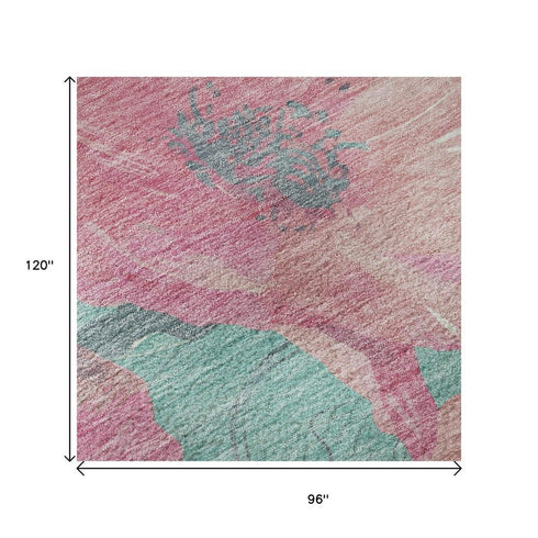 8' Pink And Teal Floral Washable Area Rug With UV Protection