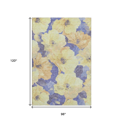 8' Wheat And Lavender Floral Washable Area Rug With UV Protection