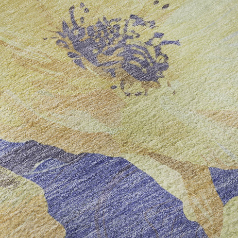 8' Wheat And Lavender Floral Washable Area Rug With UV Protection