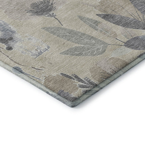 5' X 8' Beige Gray And Ivory Floral Washable Area Rug With UV Protection