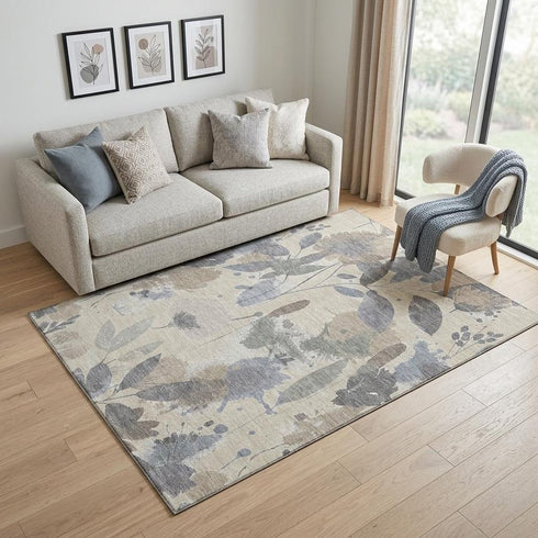 5' X 8' Beige Gray And Ivory Floral Washable Area Rug With UV Protection