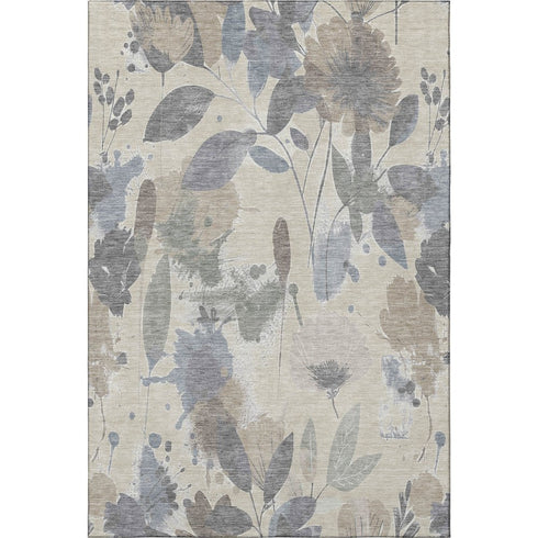 5' X 8' Beige Gray And Ivory Floral Washable Area Rug With UV Protection