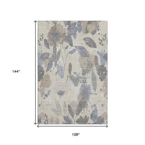 9' X 12' Beige Gray And Ivory Floral Washable Area Rug With UV Protection