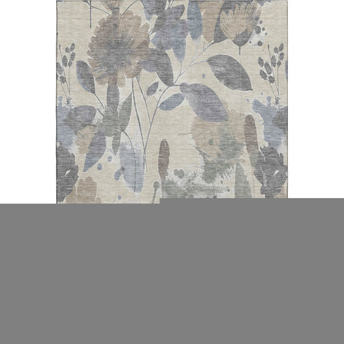 9' X 12' Beige Gray And Ivory Floral Washable Area Rug With UV Protection