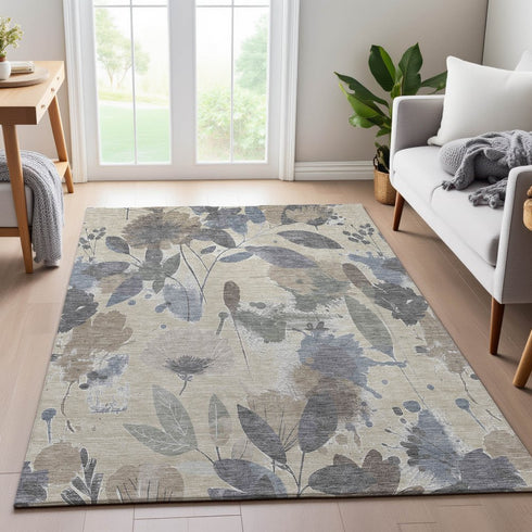 9' X 12' Beige Gray And Ivory Floral Washable Area Rug With UV Protection