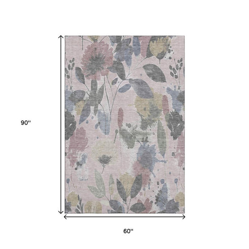 5' X 8' Blush Mauve And Gray Floral Washable Area Rug With UV Protection