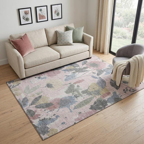 5' X 8' Blush Mauve And Gray Floral Washable Area Rug With UV Protection