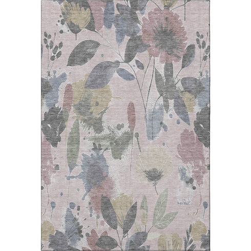 5' X 8' Blush Mauve And Gray Floral Washable Area Rug With UV Protection