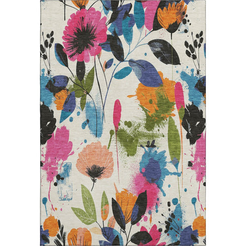 5' X 8' Ivory Blue Pink And Orange Floral Washable Area Rug With UV Protection