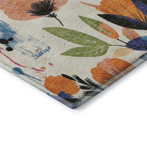 5' X 8' Ivory Blue Pink And Orange Floral Washable Area Rug With UV Protection