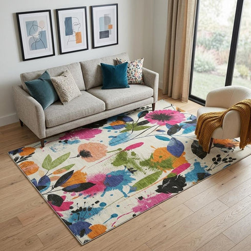 5' X 8' Ivory Blue Pink And Orange Floral Washable Area Rug With UV Protection