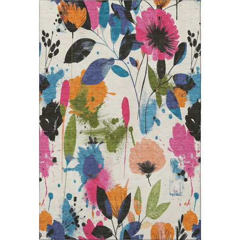 5' X 8' Ivory Blue Pink And Orange Floral Washable Area Rug With UV Protection