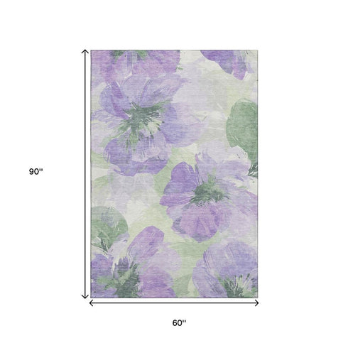 5' X 8' Lavender And Green Floral Washable Area Rug With UV Protection