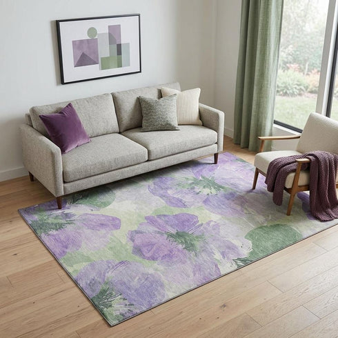 5' X 8' Lavender And Green Floral Washable Area Rug With UV Protection