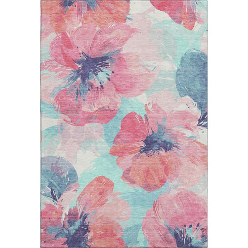 5' X 8' Pink Blue And Ivory Floral Washable Area Rug With UV Protection