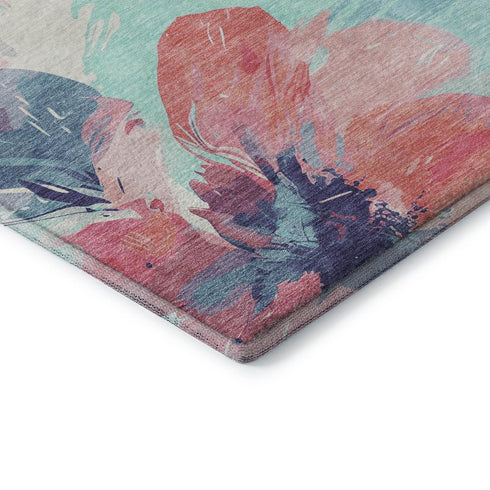 5' X 8' Pink Blue And Ivory Floral Washable Area Rug With UV Protection