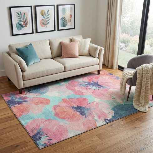 5' X 8' Pink Blue And Ivory Floral Washable Area Rug With UV Protection