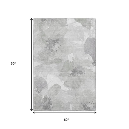 5' X 8' Beige Gray And Ivory Floral Washable Area Rug With UV Protection