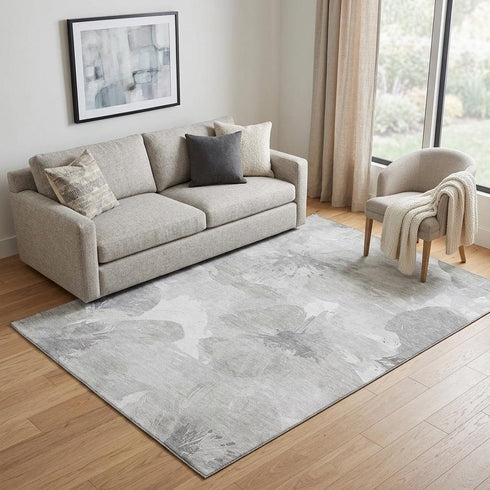 5' X 8' Beige Gray And Ivory Floral Washable Area Rug With UV Protection