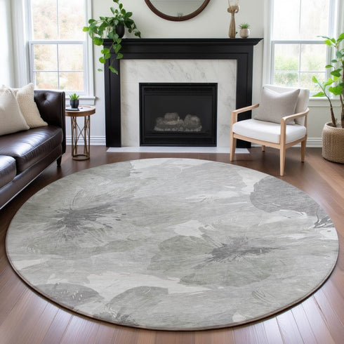 8' X 8' Beige Gray And Ivory Floral Washable Round Rug With UV Protection