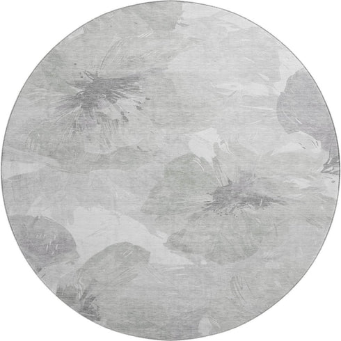 8' X 8' Beige Gray And Ivory Floral Washable Round Rug With UV Protection