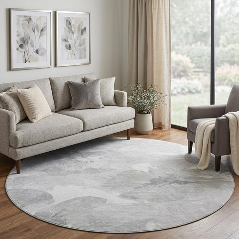 8' X 8' Beige Gray And Ivory Floral Washable Round Rug With UV Protection