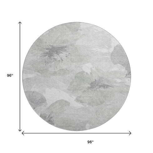 8' X 8' Beige Gray And Ivory Floral Washable Round Rug With UV Protection