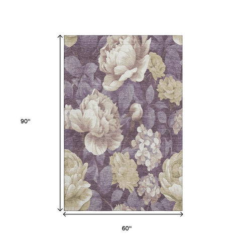 5' X 8' Beige Ivory And Tan Floral Washable Area Rug With UV Protection