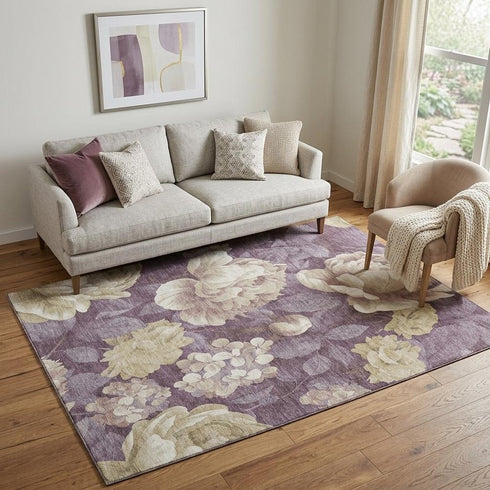5' X 8' Beige Ivory And Tan Floral Washable Area Rug With UV Protection