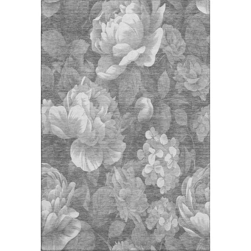 5' X 8' Gray Silver And Charcoal Floral Washable Area Rug With UV Protection