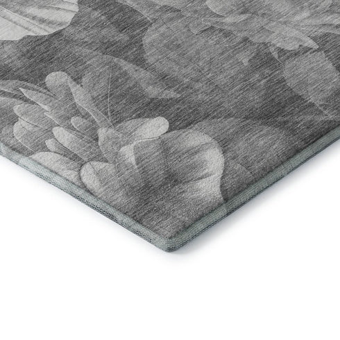 5' X 8' Gray Silver And Charcoal Floral Washable Area Rug With UV Protection