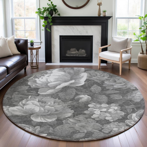 8' X 8' Gray Silver And Charcoal Floral Washable Round Rug With UV Protection