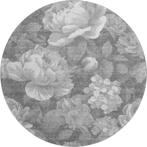 8' X 8' Gray Silver And Charcoal Floral Washable Round Rug With UV Protection