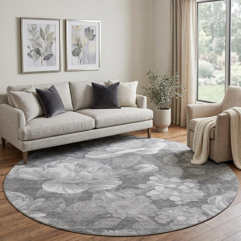8' X 8' Gray Silver And Charcoal Floral Washable Round Rug With UV Protection