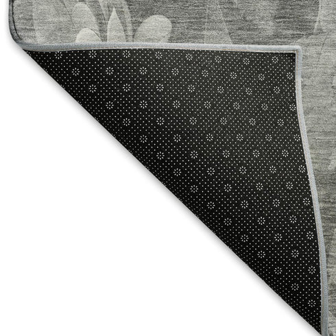 8' Gray Silver And Charcoal Floral Washable Area Rug With UV Protection