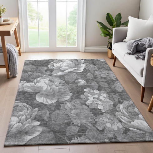8' Gray Silver And Charcoal Floral Washable Area Rug With UV Protection