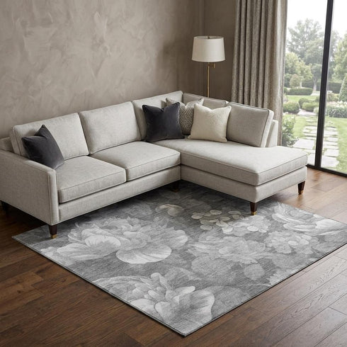 8' Gray Silver And Charcoal Floral Washable Area Rug With UV Protection