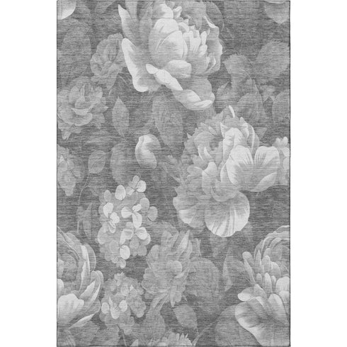 8' Gray Silver And Charcoal Floral Washable Area Rug With UV Protection