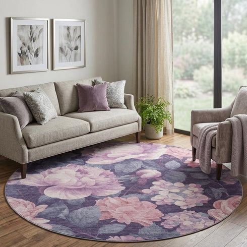 8' X 8' Pink Gray And Mauve Floral Washable Round Rug With UV Protection
