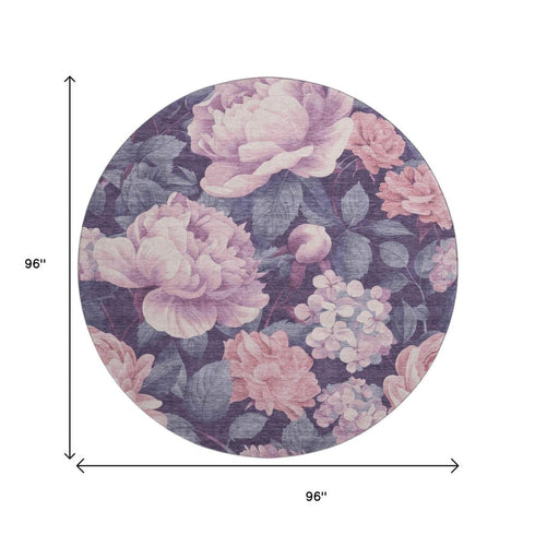 8' X 8' Pink Gray And Mauve Floral Washable Round Rug With UV Protection