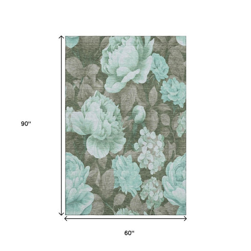 5' X 8' Pale Aqua And Brown Floral Washable Area Rug With UV Protection