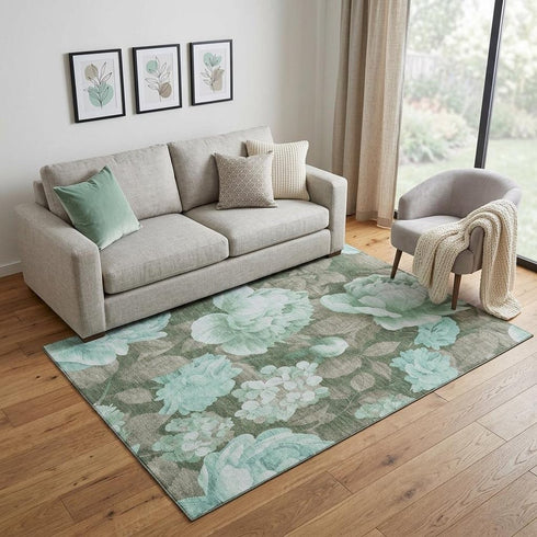 5' X 8' Pale Aqua And Brown Floral Washable Area Rug With UV Protection