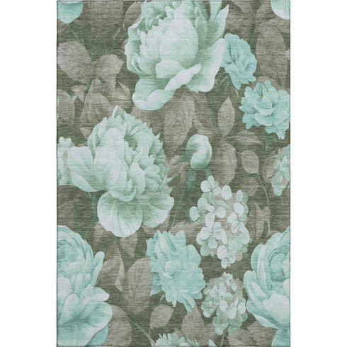 8' Pale Aqua And Brown Floral Washable Area Rug With UV Protection