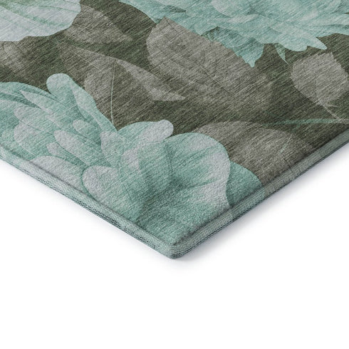 8' Pale Aqua And Brown Floral Washable Area Rug With UV Protection