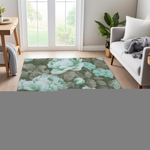 8' Pale Aqua And Brown Floral Washable Area Rug With UV Protection