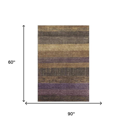 5' X 8' Brown Plum And Gold Striped Washable Area Rug With UV Protection