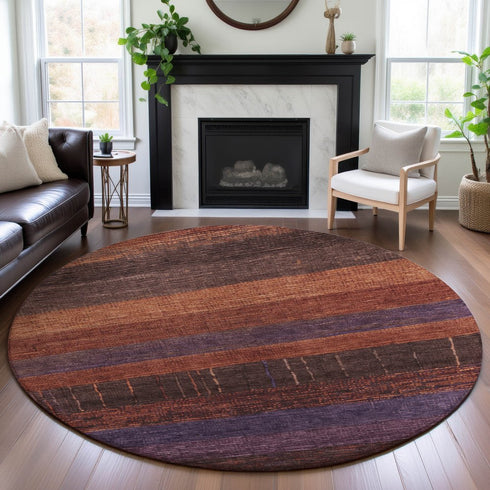 8' X 8' Rust Eggplant And Terra Cotta Striped Washable Round Rug With UV Protection